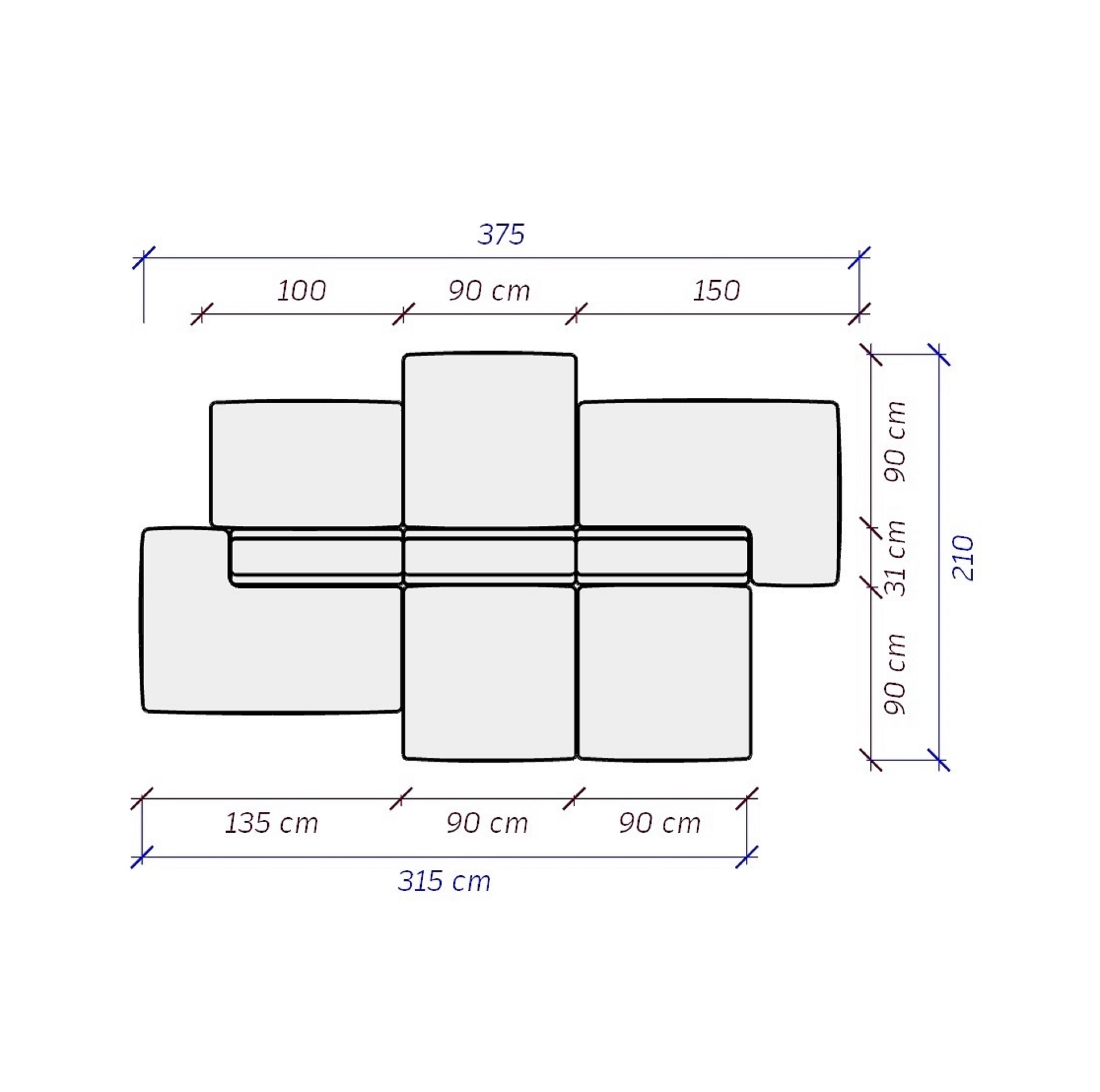 MEBELIONER Диван DUO модули AAVVNN размер 375х210х72