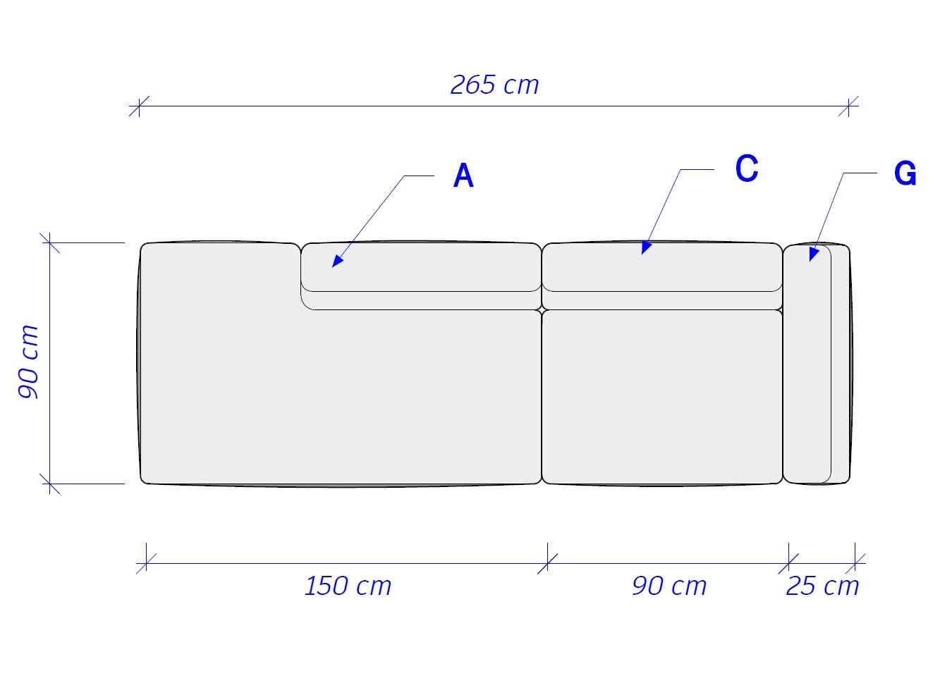 MEBELIONER Диван DUO модули ACG размер 265х90х72