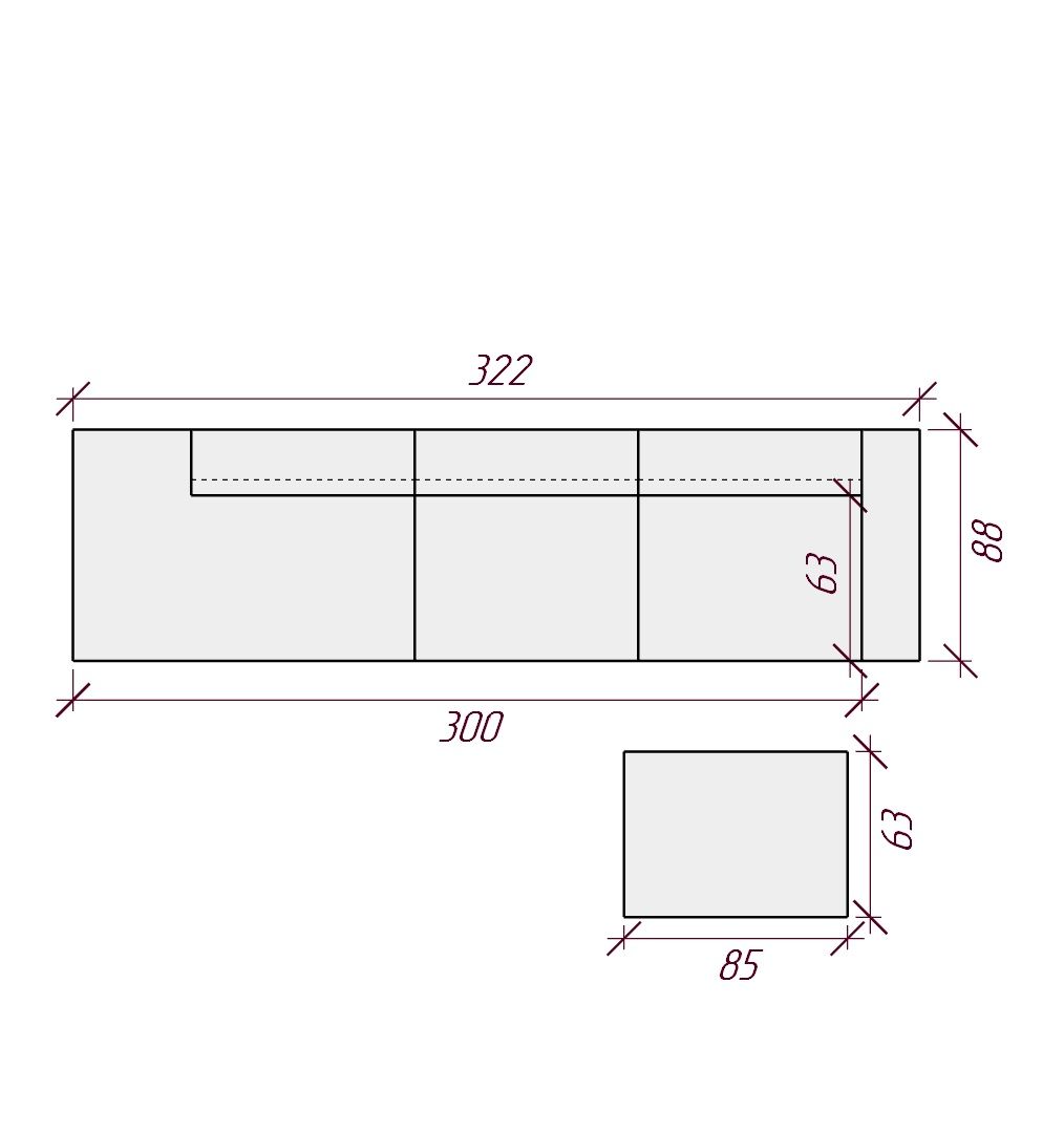 MEBELIONER Диван FORTIS R 322х88х74 с пуфом нераскладной