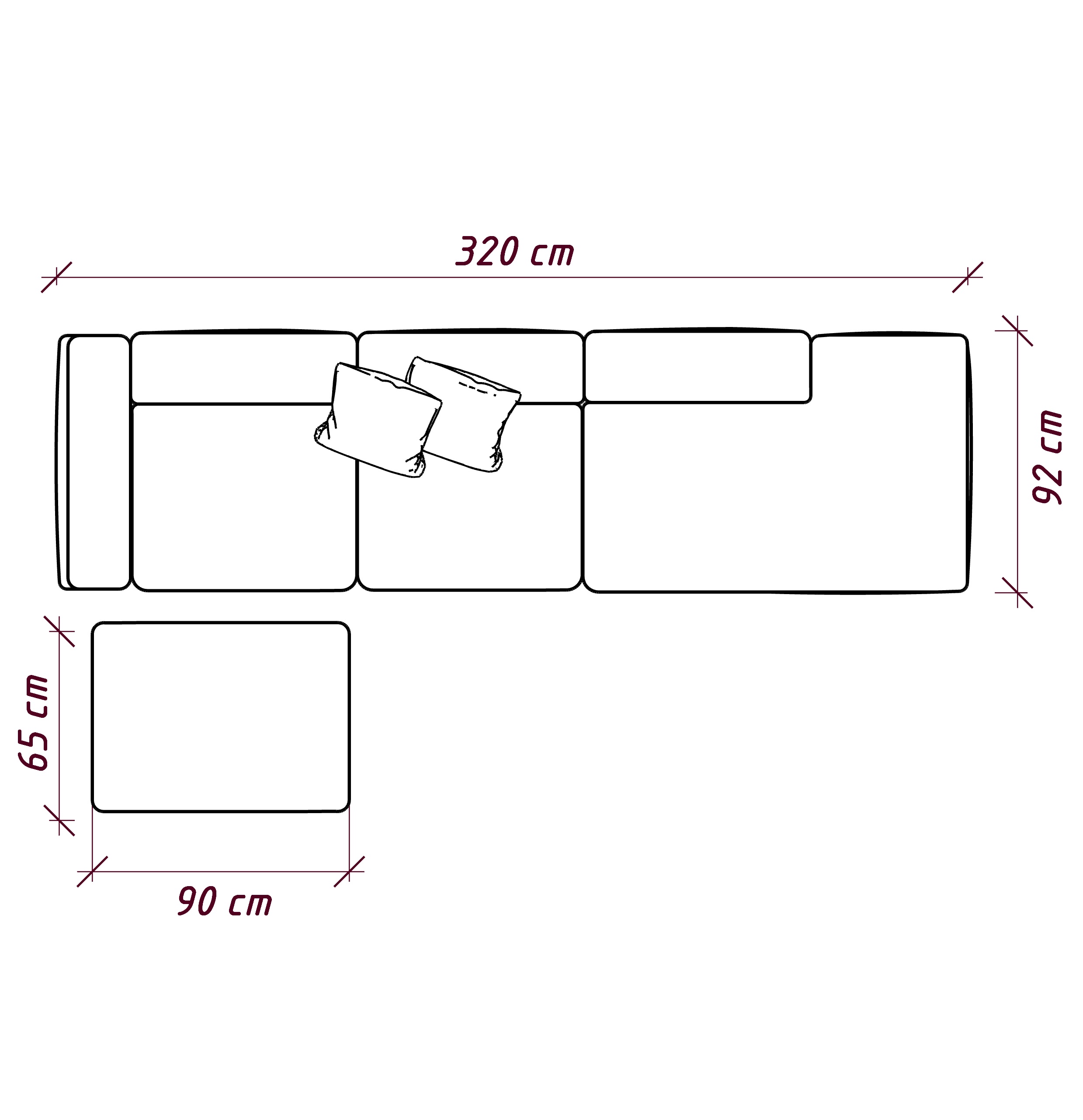 MEBELIONER Диван KLO размер R 320х92х78 + пуф 65x90