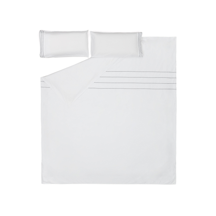 Cintia cotton percale duvet cover and pillowcase set in white with striped embroidery, 150