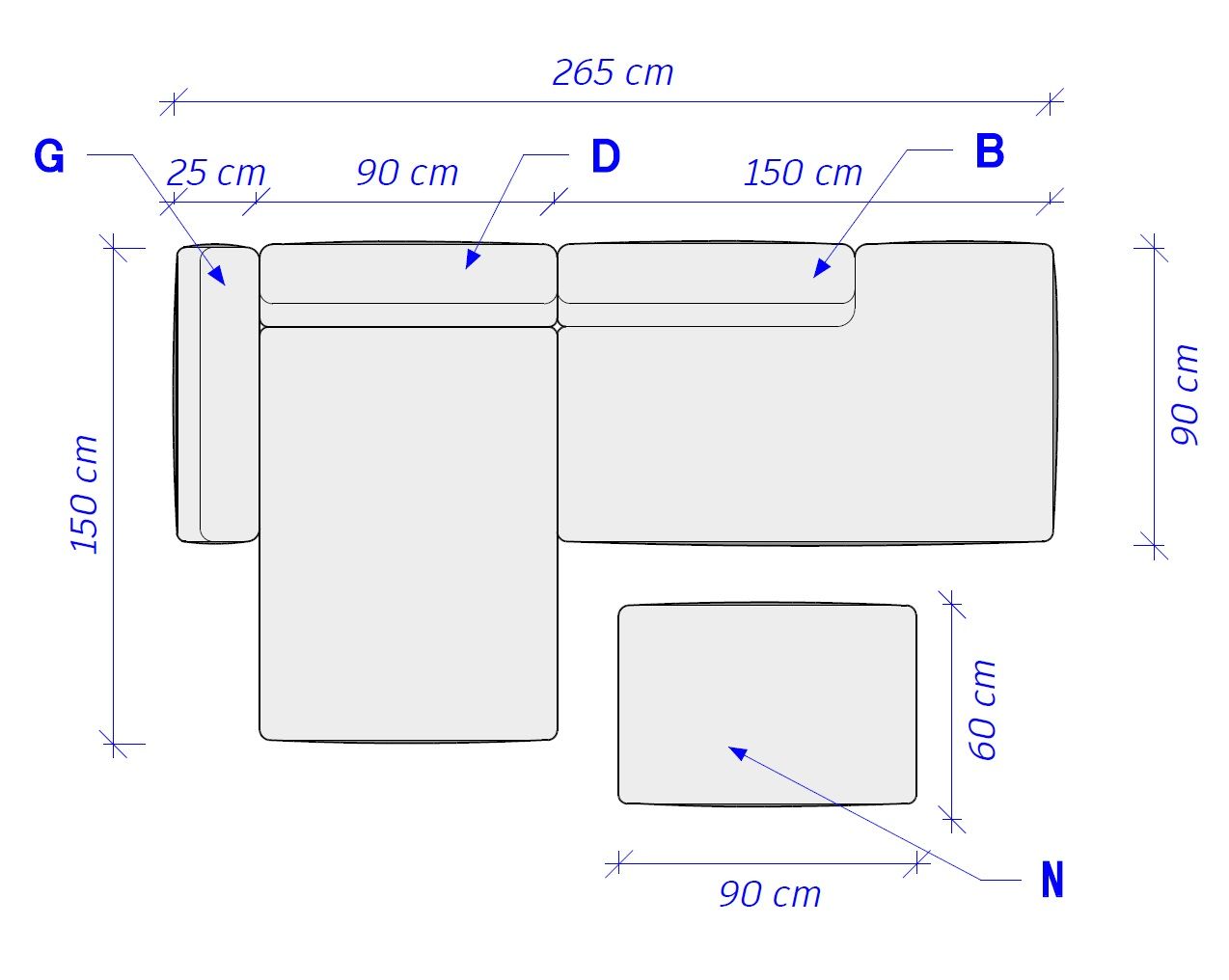 MEBELIONER Диван DUO модули GDBN размер 265х150х72