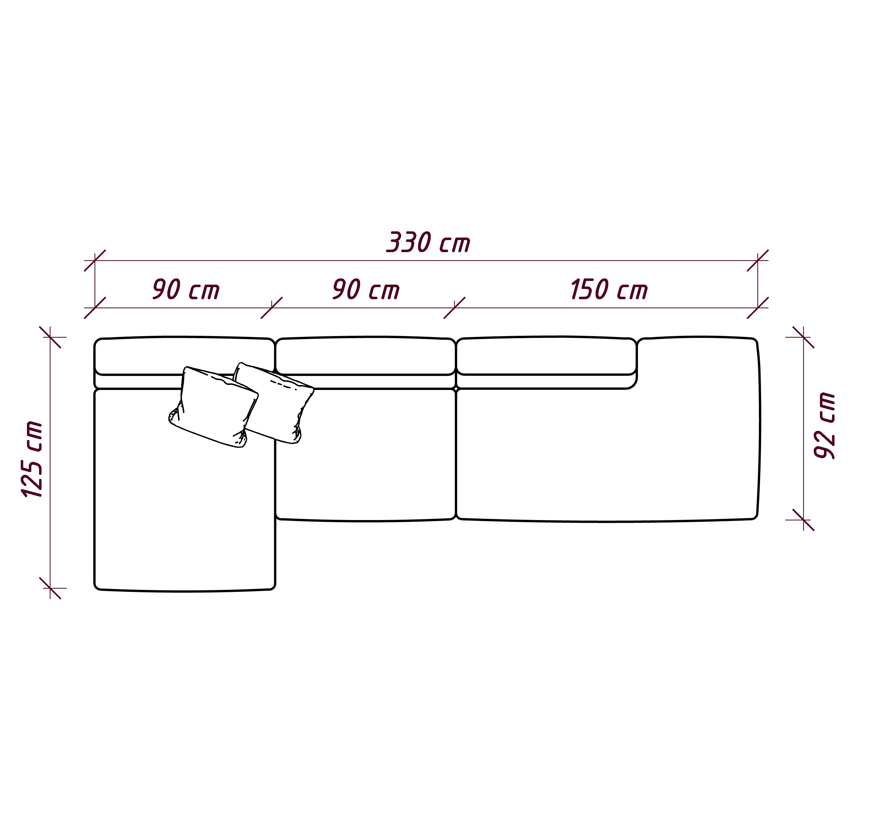 MEBELIONER Диван DUO модули VCB размер 330х125х72