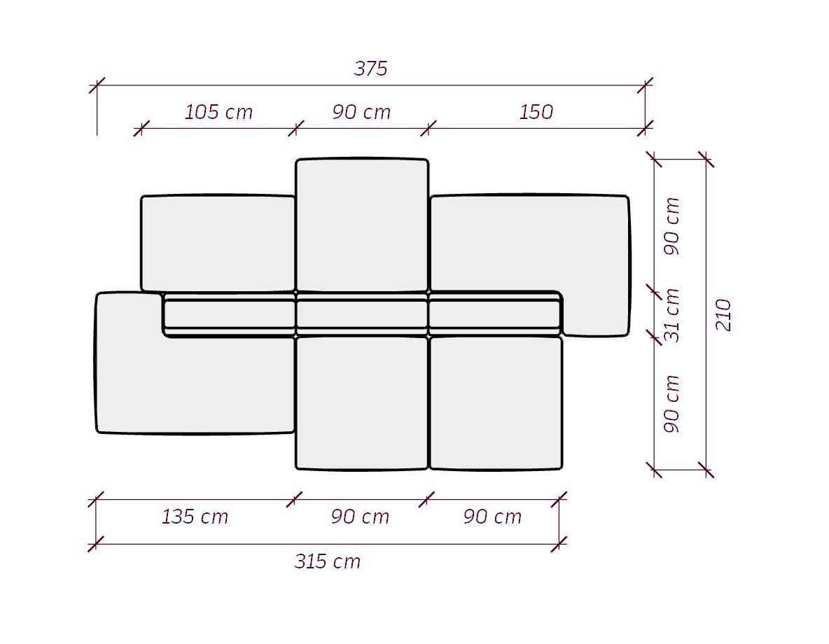 MEBELIONER Диван DUO модули AAVVNN размер 375х210х72