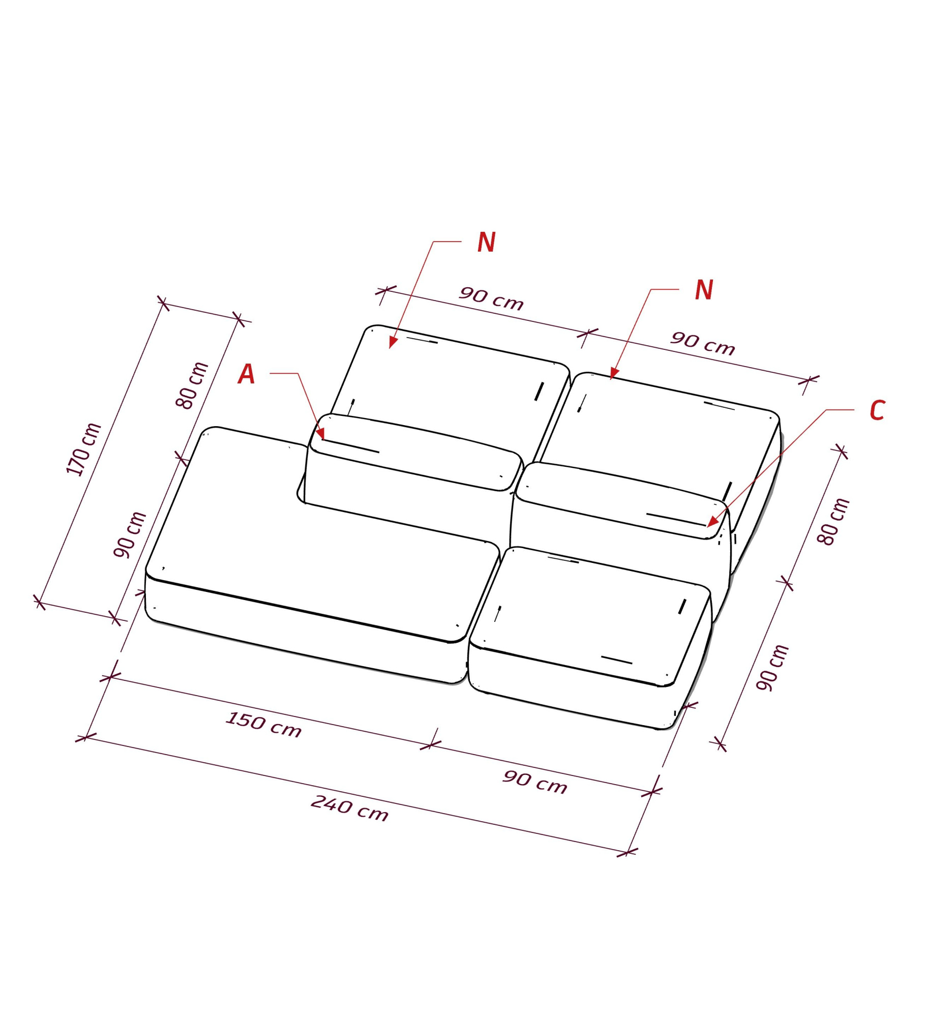 MEBELIONER Диван DUO модули ACNN размер 240х172х72