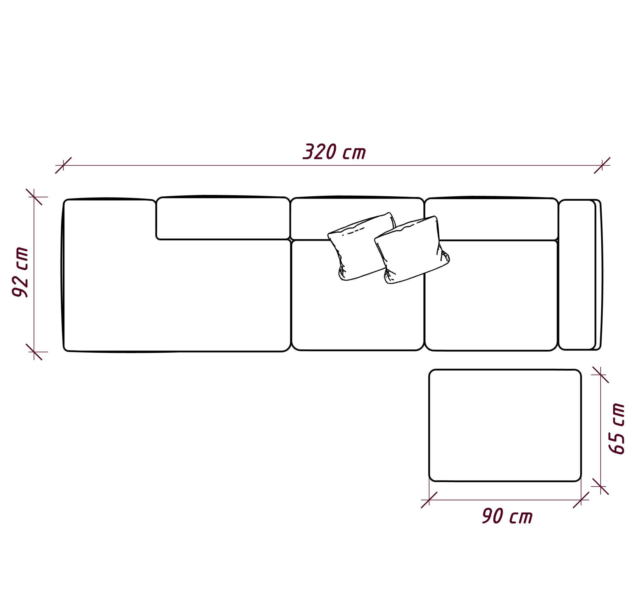 MEBELIONER Диван KLO размер L 320х92х78 + пуф 65x90