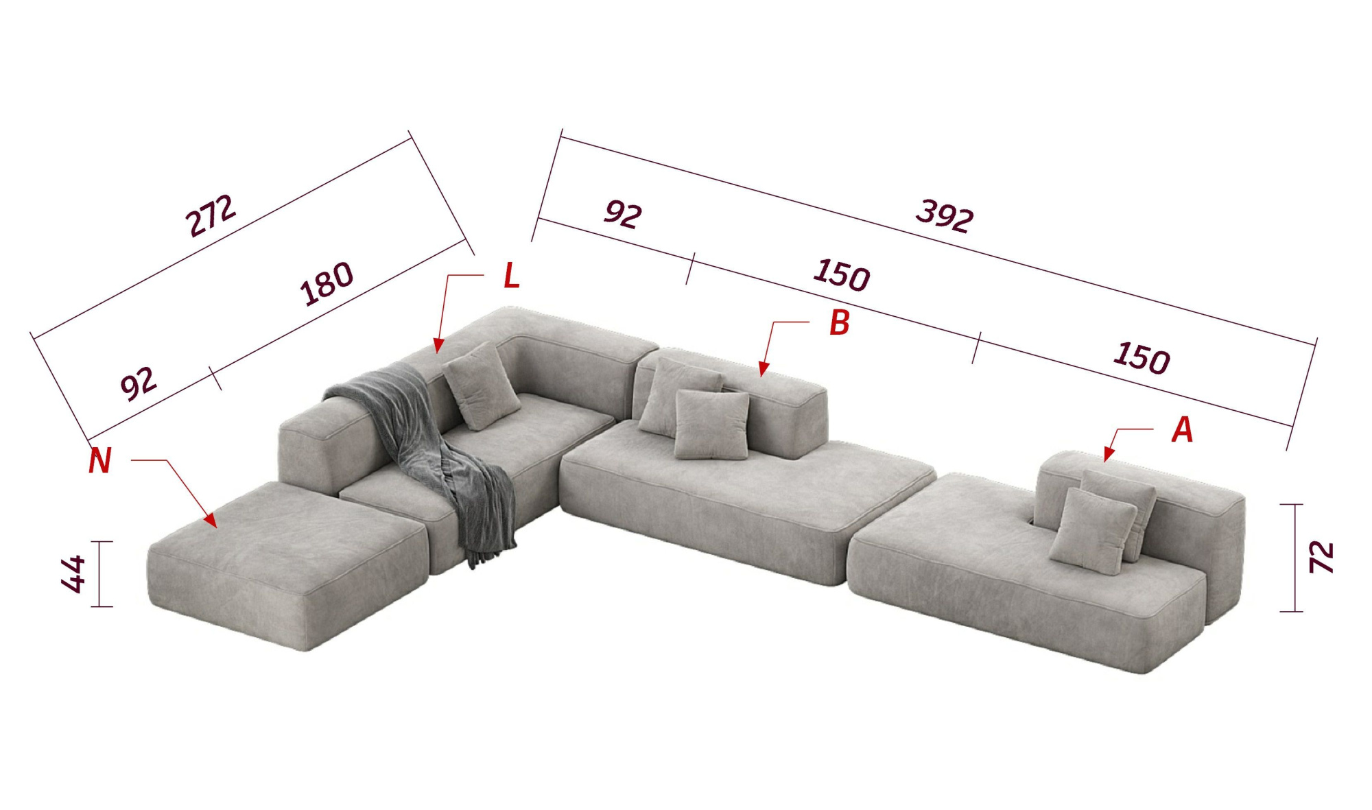 MEBELIONER Диван DUO модули ABLN размер 395х273х72