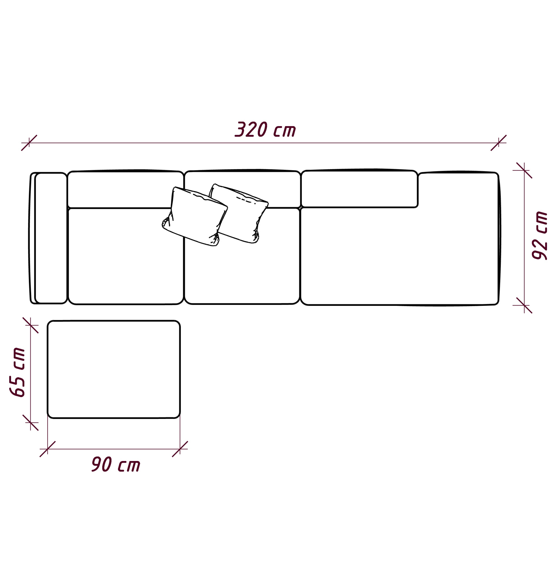 MEBELIONER Диван KLO размер R 320х92х78 + пуф 65x90
